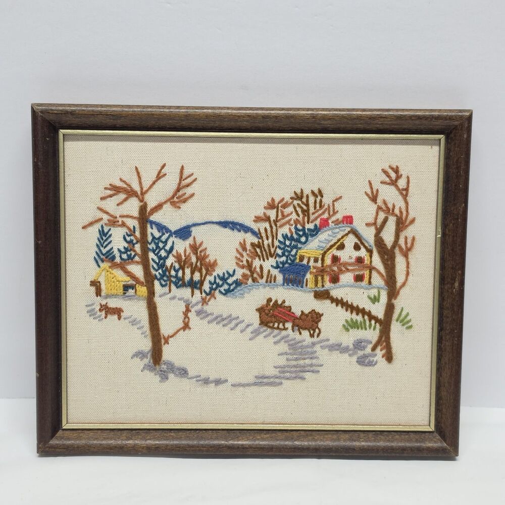 Vintage 1970s Crewel Needlepoint Embroidery Wall Art Village Winter Scene MCM